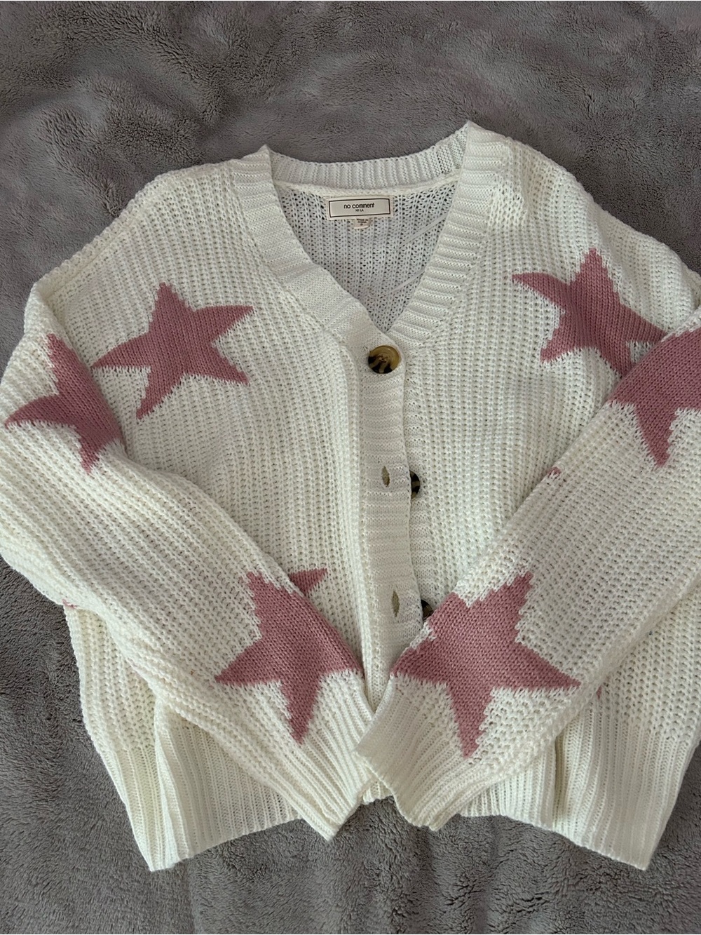 White Knit Cardigan with Pink Star Pattern